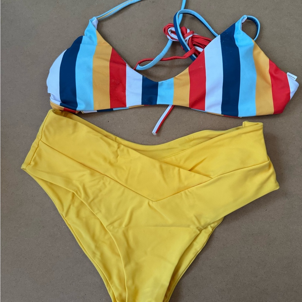 Striped Multicolor Bikini Top with Yellow High-Waist Bottoms